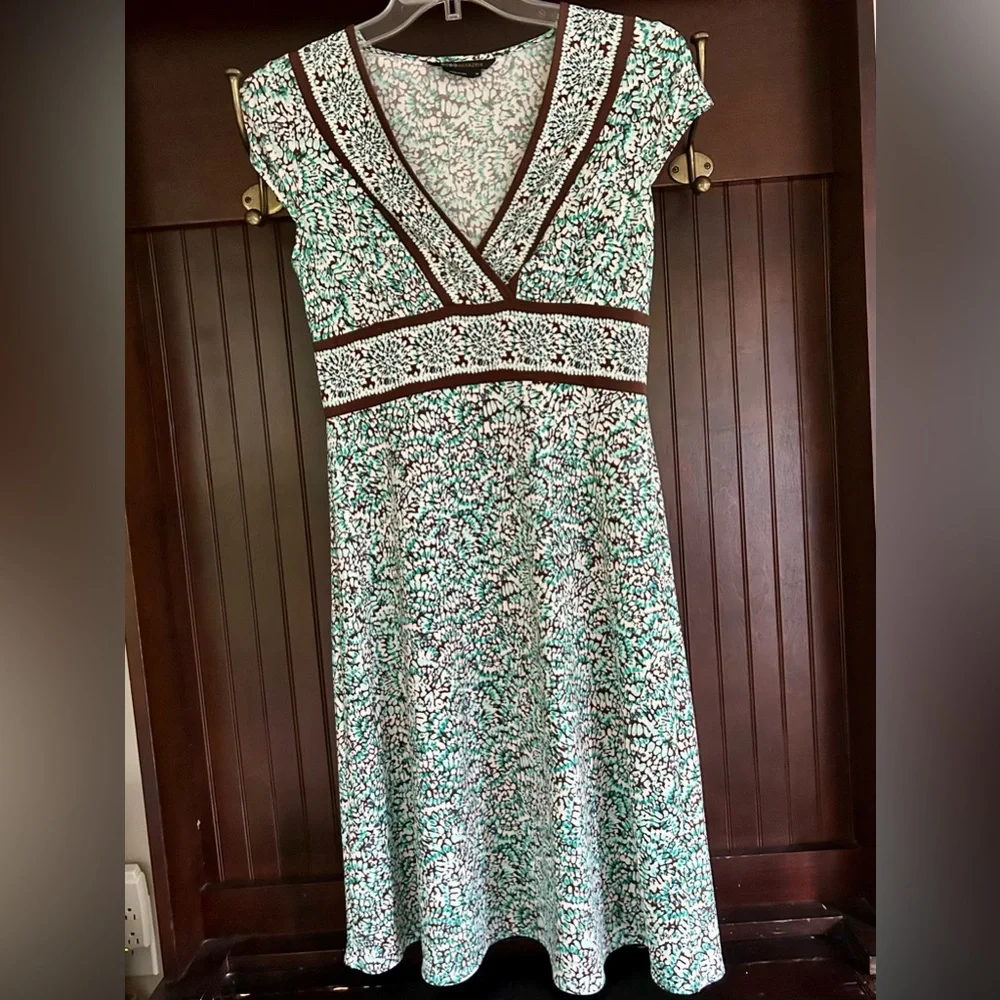 Y2K BCBGMAXAZRIA Babydoll Dot Print Dress Brown Teal Preppy Indie Sleeze Size M - Picture 3 of 12